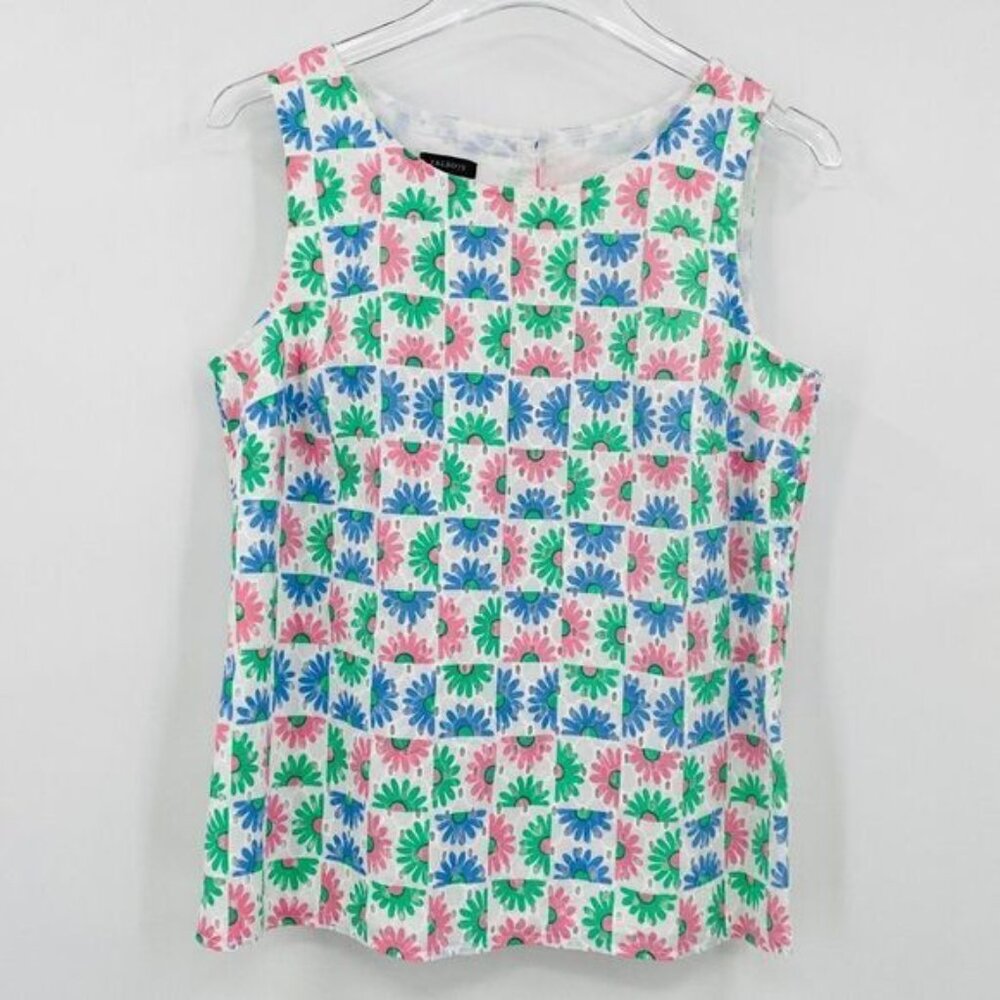 Talbots Size XS Sleeveless Eyelet Floral Button Back Cotton Tank Top Blouse